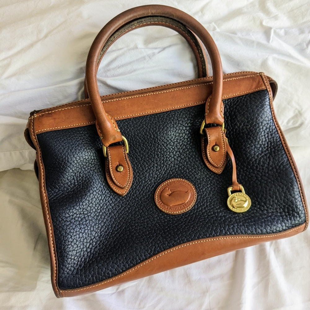 SOLD Dooney & Bourke All Weather Handbag Satchel, Pebble Grain Navy and Tan